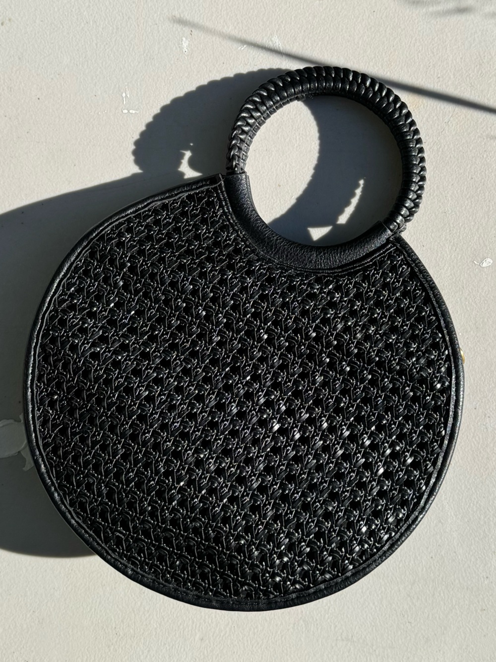 Round Black Woven Handbag with Circular Handle